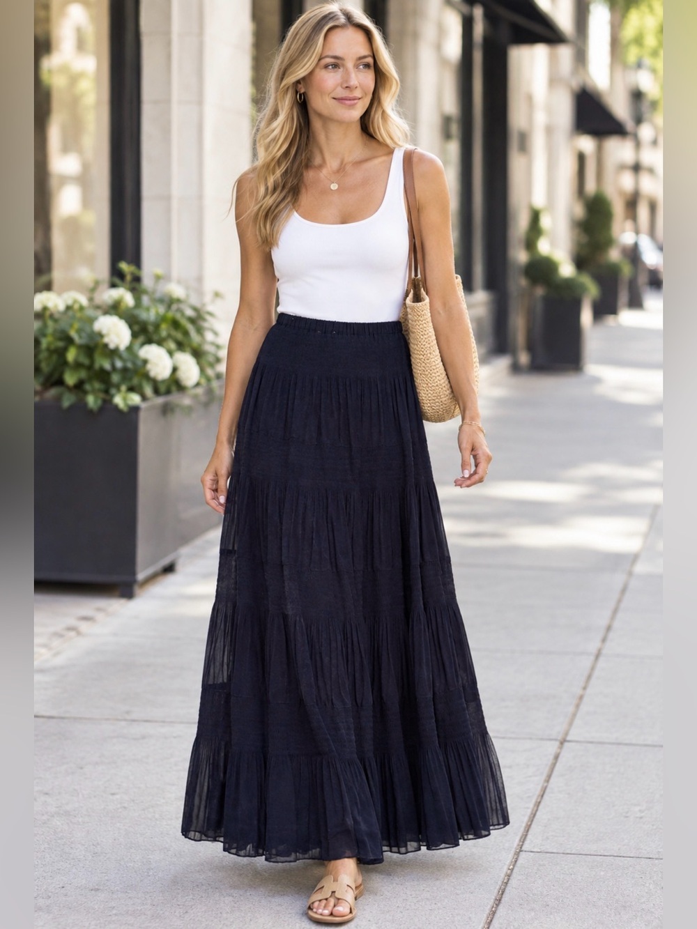 Dark Navy Pleated and Shirred Maxi Skirt
